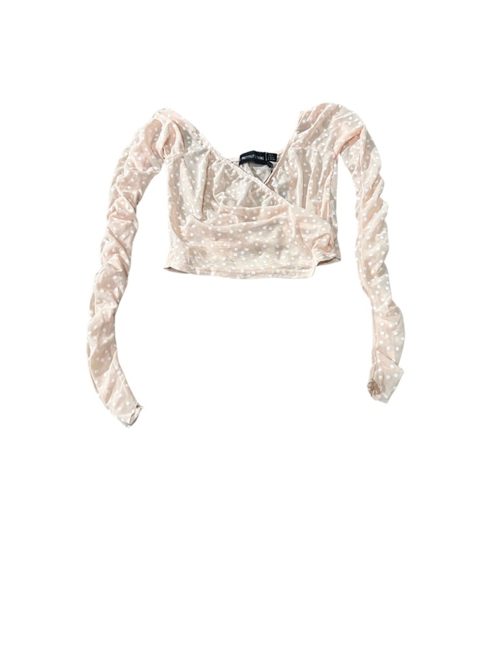 PrettyLittleThing Blush Pink Polka Dot Mesh Long-Sleeve Crop Top (NWT)